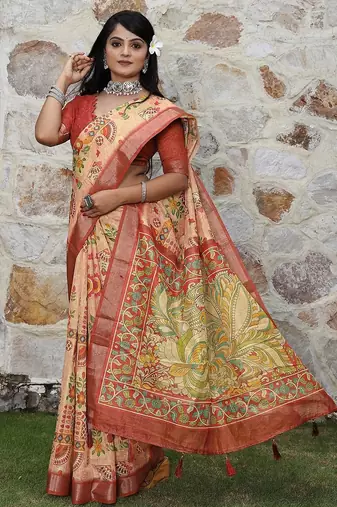 Red pure cotton printed printed saree with blouses