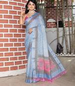 Blue pure cotton printed printed saree with blouses