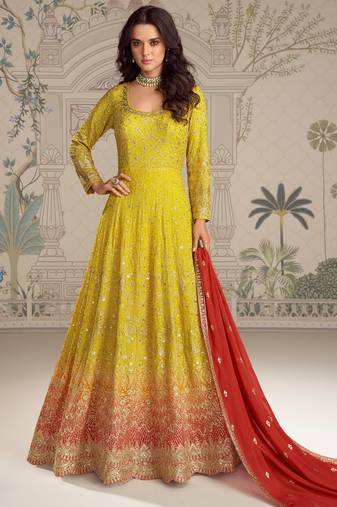 Yellow embroidered georgette free size stitched anarkali suit