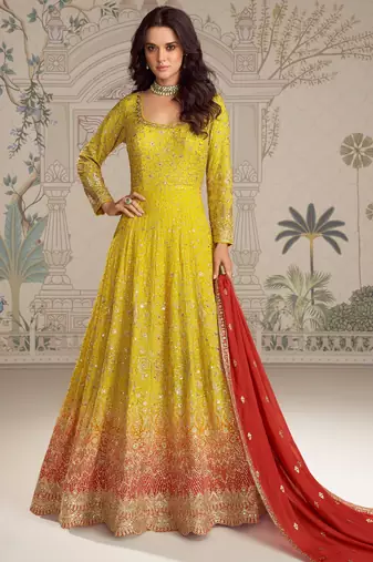 Yellow embroidered georgette free size stitched anarkali suit