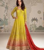 Yellow embroidered georgette free size stitched anarkali suit