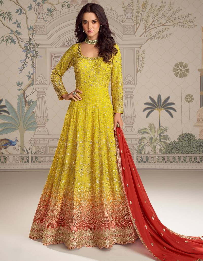Yellow embroidered georgette free size stitched anarkali suit