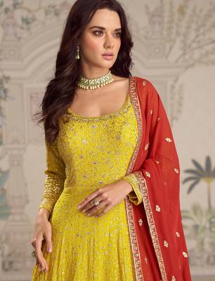 Yellow embroidered georgette free size stitched anarkali suit 2