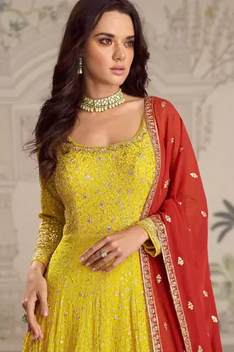 Yellow embroidered georgette free size stitched anarkali suit