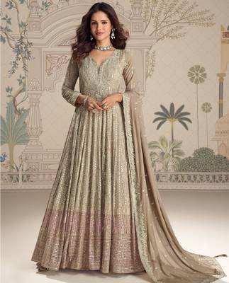 Beige embroidered georgette free size stitched anarkali suit 1