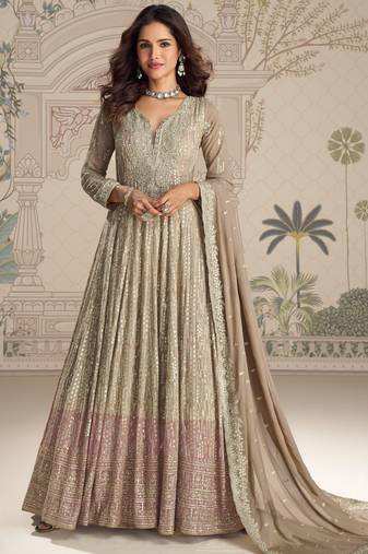 Beige embroidered georgette free size stitched anarkali suit