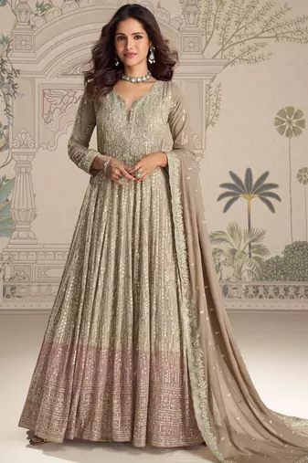 Beige embroidered georgette free size stitched anarkali suit