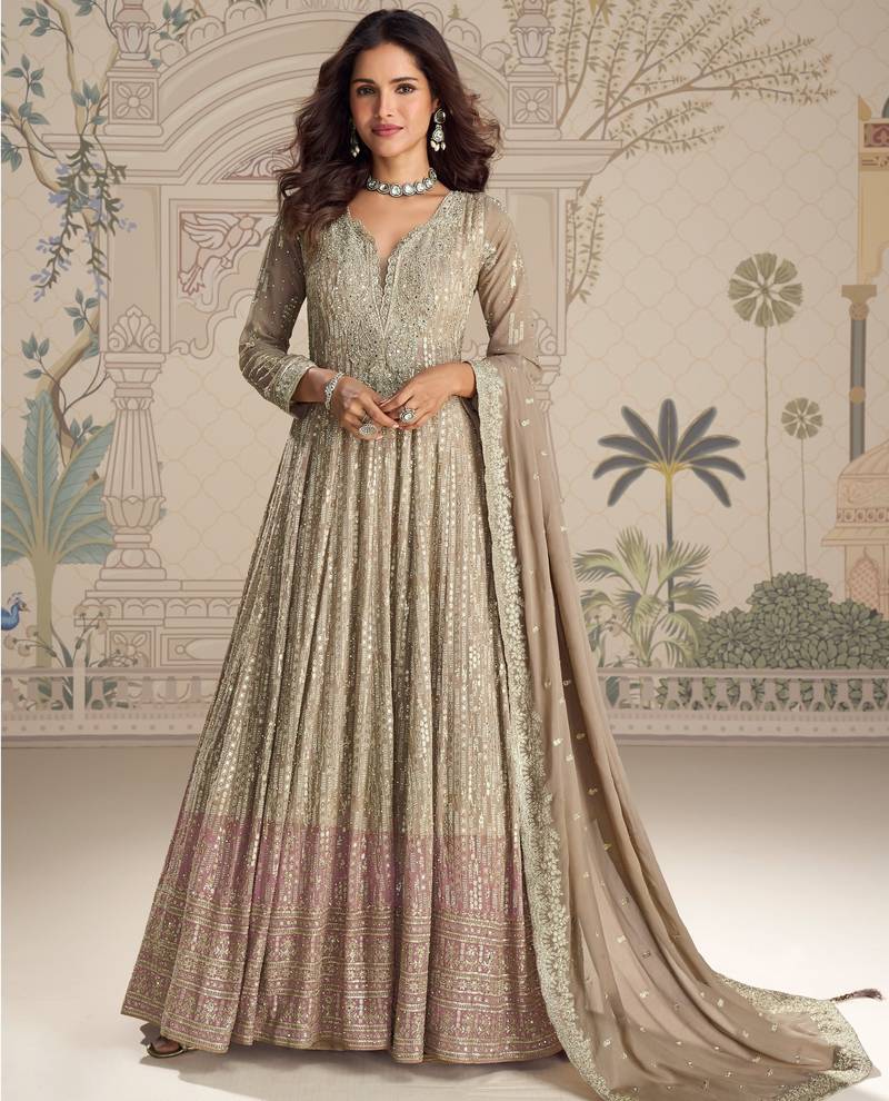 Beige embroidered georgette free size stitched anarkali suit
