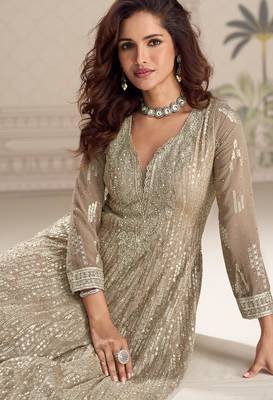 Beige embroidered georgette free size stitched anarkali suit 2