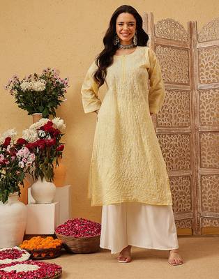 Ada hand embroidered fawn cotton lucknowi chikankari straight kurta 1