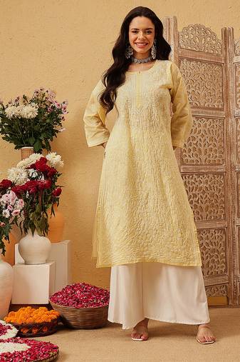 Ada hand embroidered fawn cotton lucknowi chikankari straight kurta
