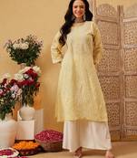 Ada hand embroidered fawn cotton lucknowi chikankari straight kurta