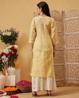 Ada hand embroidered fawn cotton lucknowi chikankari straight kurta 2