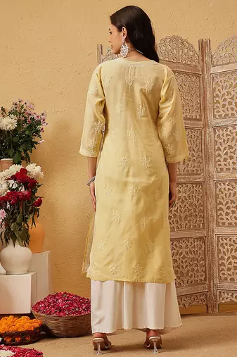 Ada hand embroidered fawn cotton lucknowi chikankari straight kurta