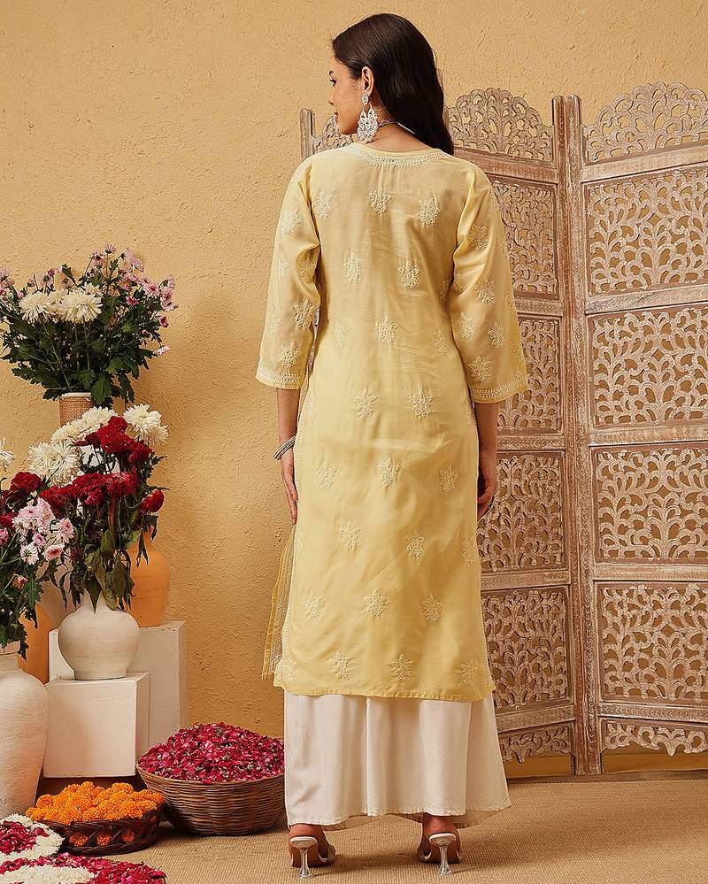 Ada hand embroidered fawn cotton lucknowi chikankari straight kurta
