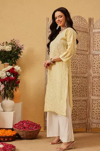 Ada hand embroidered fawn cotton lucknowi chikankari straight kurta