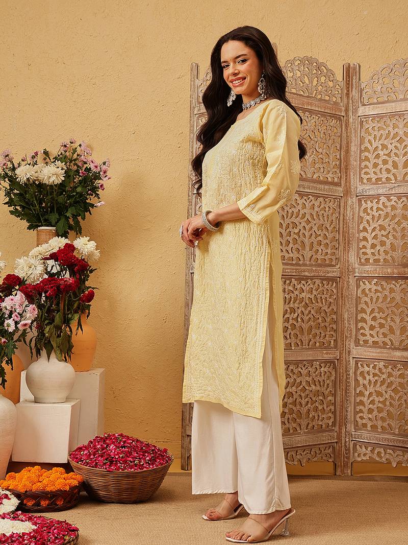 Ada hand embroidered fawn cotton lucknowi chikankari straight kurta