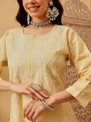 Ada hand embroidered fawn cotton lucknowi chikankari straight kurta 4