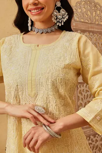 Ada hand embroidered fawn cotton lucknowi chikankari straight kurta