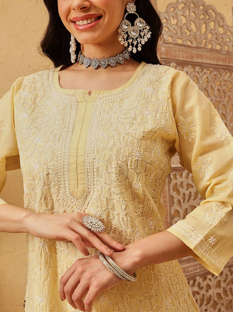 Ada hand embroidered fawn cotton lucknowi chikankari straight kurta