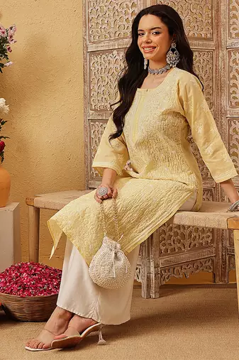 Ada hand embroidered fawn cotton lucknowi chikankari straight kurta