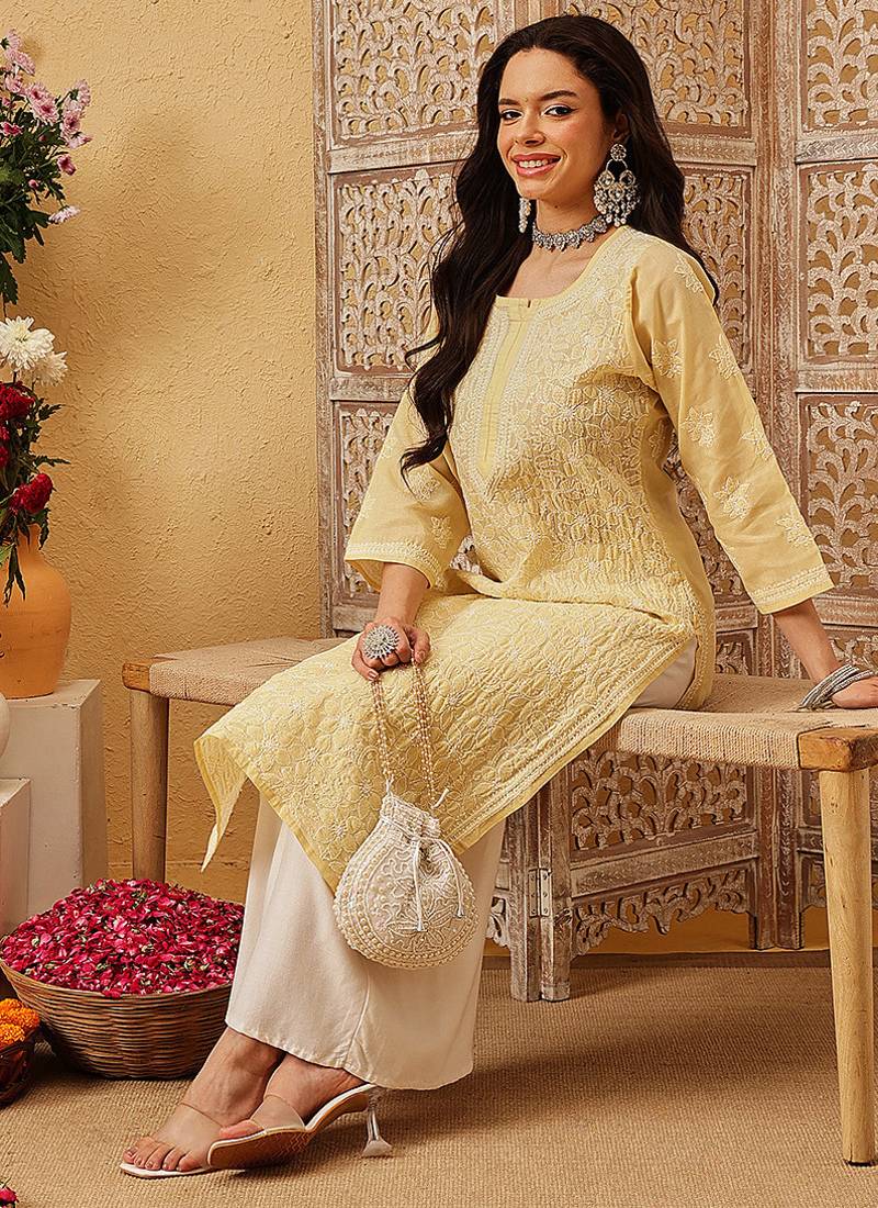Ada hand embroidered fawn cotton lucknowi chikankari straight kurta