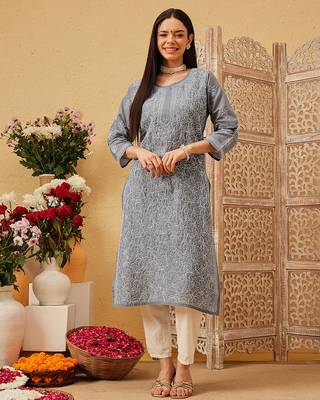 Ada hand embroidered dark grey cotton lucknowi chikankari straight kurta 1