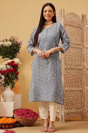 Ada hand embroidered dark grey cotton lucknowi chikankari straight kurta