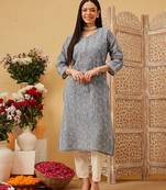 Ada hand embroidered dark grey cotton lucknowi chikankari straight kurta