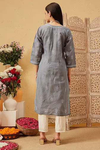 Ada hand embroidered dark grey cotton lucknowi chikankari straight kurta