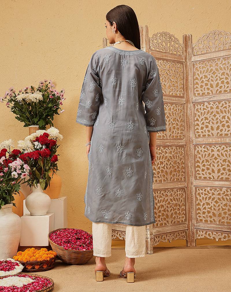 Ada hand embroidered dark grey cotton lucknowi chikankari straight kurta