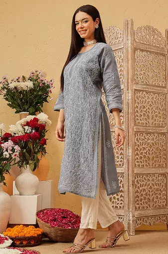 Ada hand embroidered dark grey cotton lucknowi chikankari straight kurta