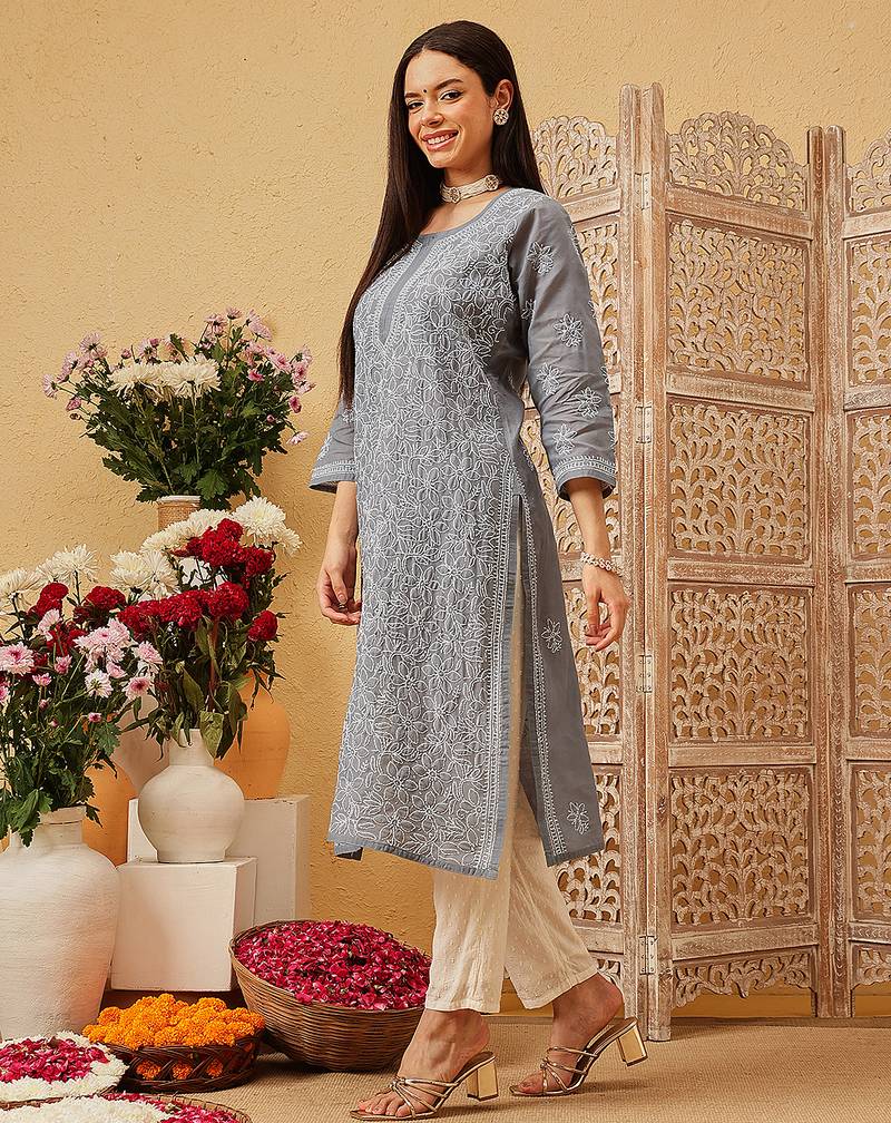 Ada hand embroidered dark grey cotton lucknowi chikankari straight kurta