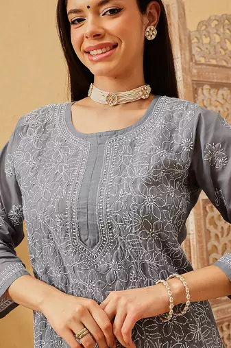 Ada hand embroidered dark grey cotton lucknowi chikankari straight kurta