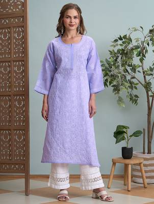Ada hand embroidered mauve cotton lucknowi chikankari straight kurta a411790 1