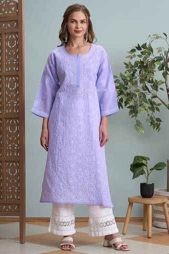 Ada hand embroidered mauve cotton lucknowi chikankari straight kurta a411790