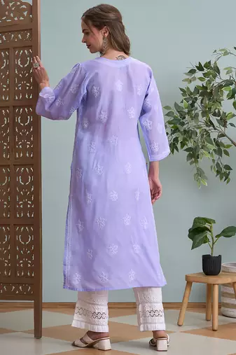 Ada hand embroidered mauve cotton lucknowi chikankari straight kurta a411790