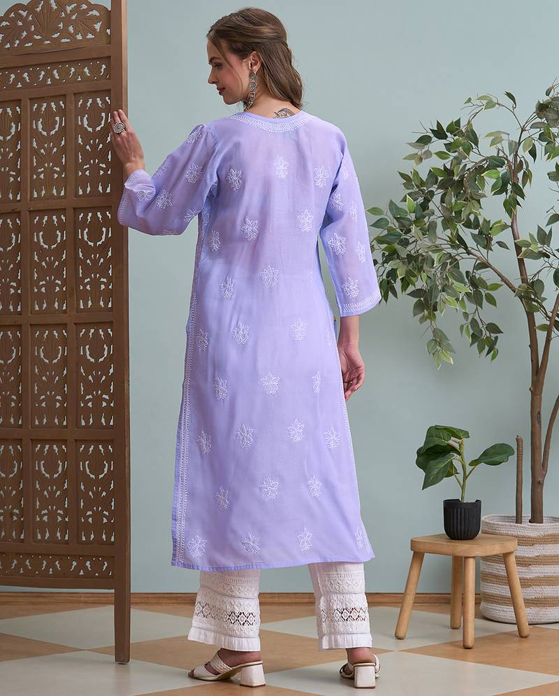 Ada hand embroidered mauve cotton lucknowi chikankari straight kurta a411790