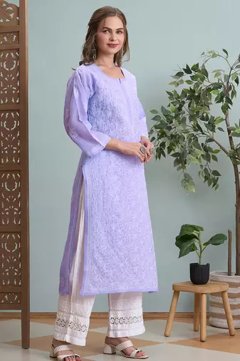 Ada hand embroidered mauve cotton lucknowi chikankari straight kurta a411790