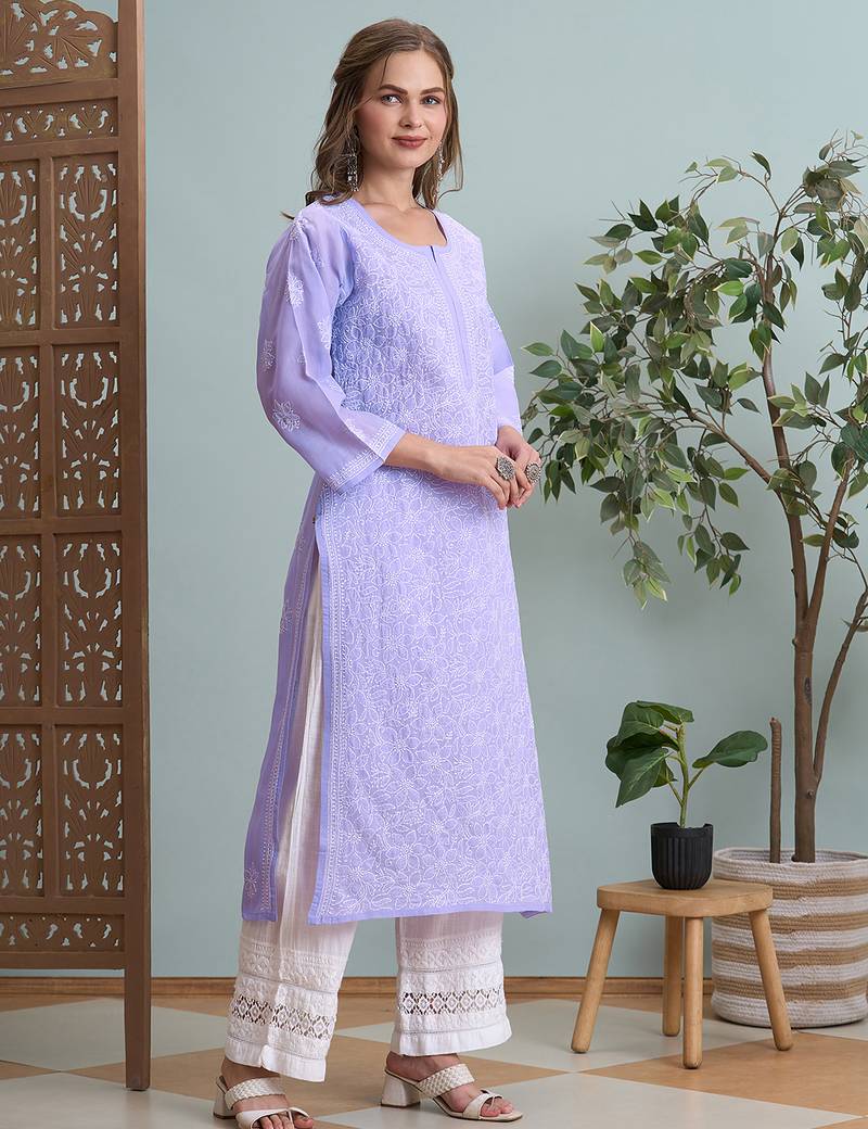 Ada hand embroidered mauve cotton lucknowi chikankari straight kurta a411790