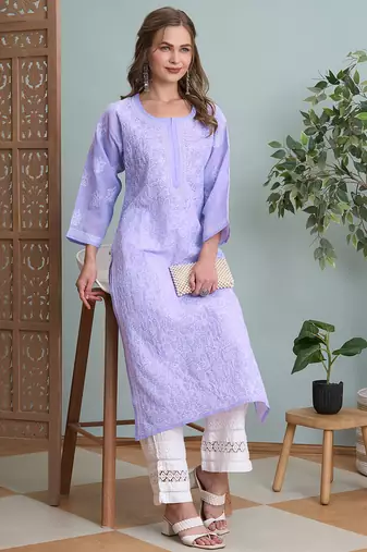 Ada hand embroidered mauve cotton lucknowi chikankari straight kurta a411790