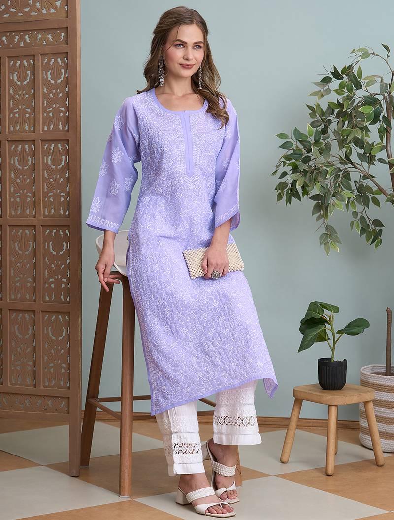 Ada hand embroidered mauve cotton lucknowi chikankari straight kurta a411790