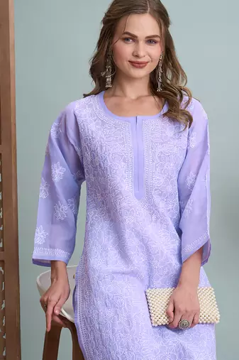 Ada hand embroidered mauve cotton lucknowi chikankari straight kurta a411790