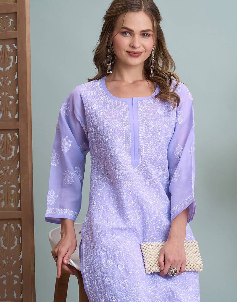 Ada hand embroidered mauve cotton lucknowi chikankari straight kurta a411790