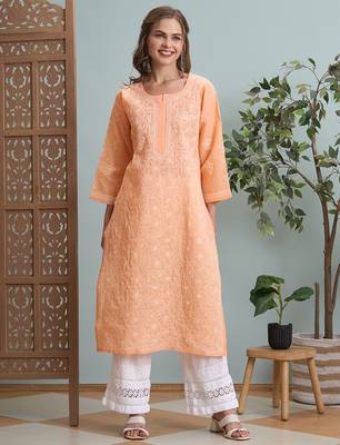 Ada hand embroidered peach cotton lucknowi chikankari straight kurta 1