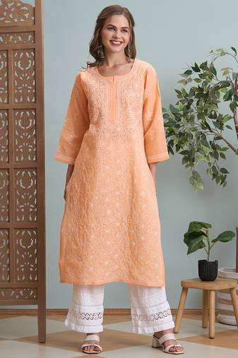 Ada hand embroidered peach cotton lucknowi chikankari straight kurta