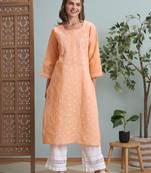 Ada hand embroidered peach cotton lucknowi chikankari straight kurta
