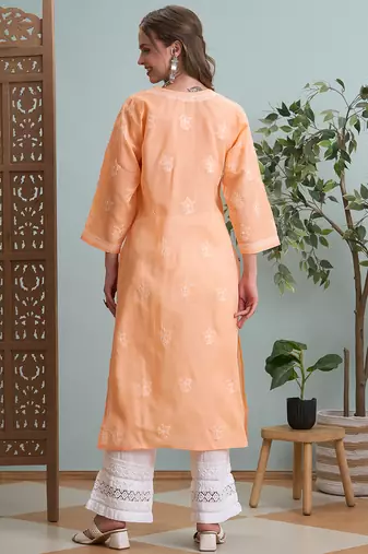 Ada hand embroidered peach cotton lucknowi chikankari straight kurta