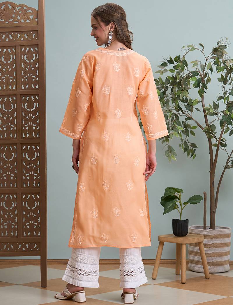 Ada hand embroidered peach cotton lucknowi chikankari straight kurta