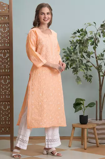 Ada hand embroidered peach cotton lucknowi chikankari straight kurta